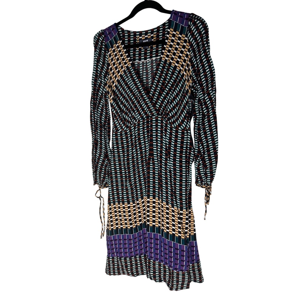 Maeve Anthropologie Gianna Geometric V-Neck Midi Dress Long Sleeve Size 8